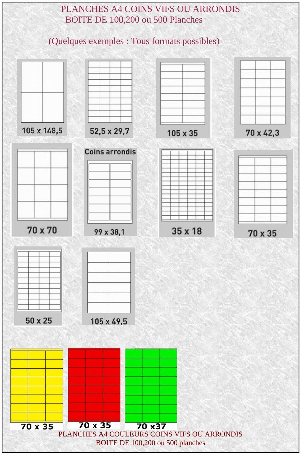 Planches A4 coins vifs ou arrondis : exemples de formats en millimètres (105 × 148,5, 52,5 × 29,7, 105 × 35, 70 × 42,3, 70 × 70, 99 × 38,1 coins arrondis, 35 × 18, 70 × 35, 50 × 25, 105 × 49,5) et planches A4 couleurs.